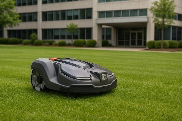 An autonomous lawn mower cutting grass on a commercial property