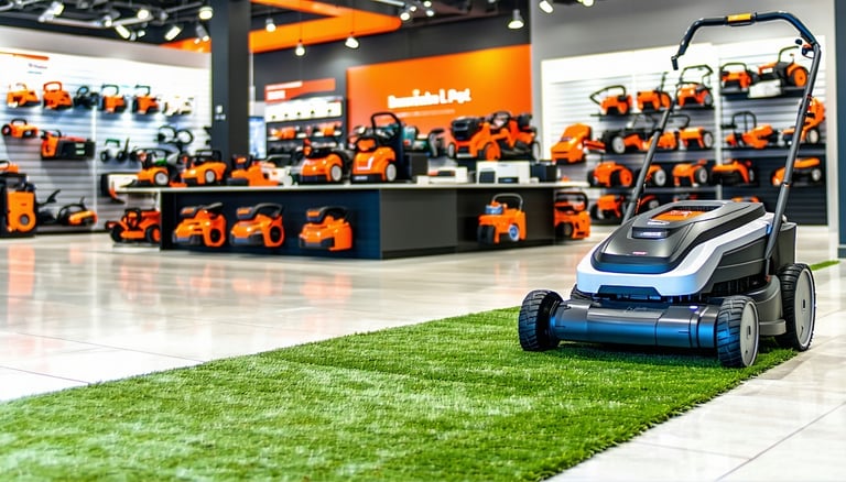 The image depicts a vibrant outdoor power equipment showroom At the forefront a sleek robotic lawn mower glides effortlessly across a manicured patch of grass Surrounding this demonstration area wellorganized displays showcase an array of outdoor equ-1