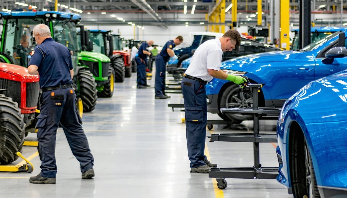 A busy OPE dealership workshop with technicians ac