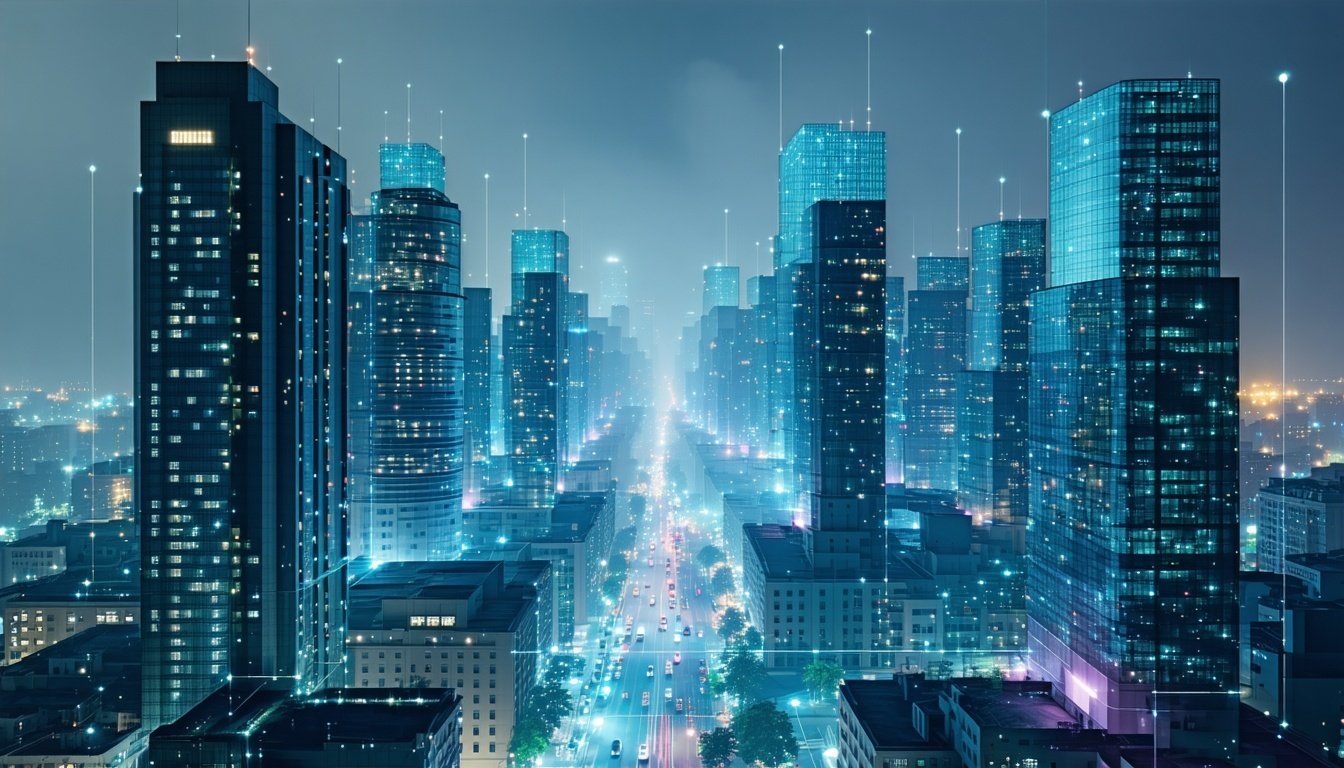 A futuristic cityscape with buildings symbolizing