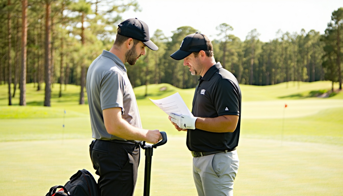 A groundskeeper consulting with a golf course supe